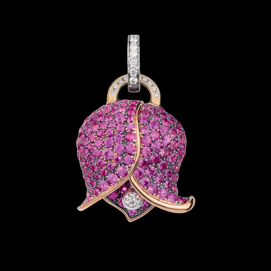 Gioielleria Chantecler | Ciondolo Campanella Grande Bouganville In Oro Rosa 18Kt, Zaffiri Rosa E Diamanti Cod.41249