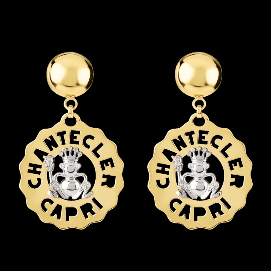 Gioielleria Chantecler | Orecchini Logo Principe Ranocchio Piccoli In Oro Giallo E Bianco 18Kt E Diamanti Cod.24122