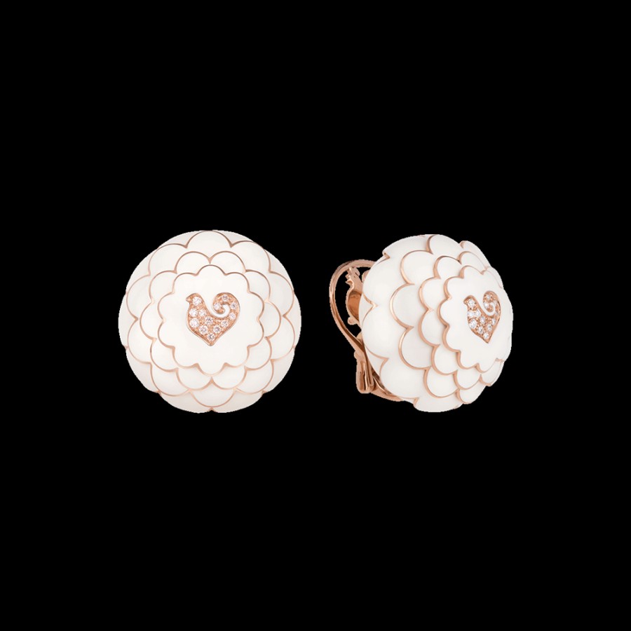 Gioielleria Chantecler | Orecchini Bottone Paillettes In Oro Rosa 18Kt, Diamanti E Smalto Bianco Cod.41135