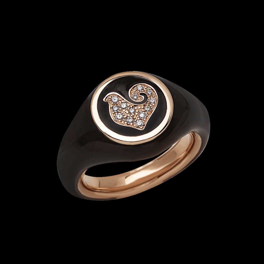 Gioielleria Chantecler | Anello Paillettes Sygillum In Oro Rosa 18Kt, Galletto In Pave Di Diamanti E Smalto Nero Cod.42700