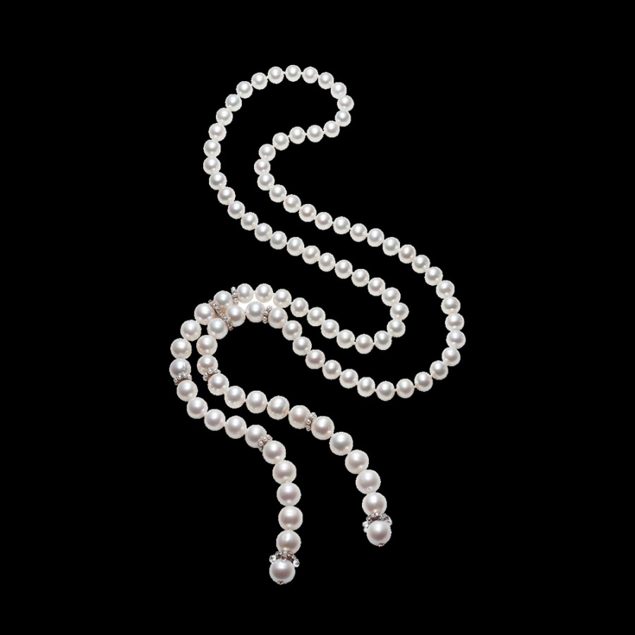 Gioielleria Chantecler | Collana A Frusta Cherie In Oro Bianco 18Kt, Perle Freshwater, Rondelle In Diamanti E Briolette In Cristallo Di Rocca Cod.34839