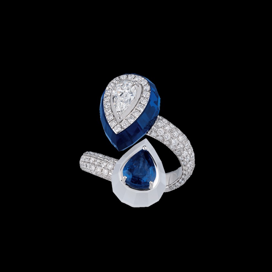 Gioielleria Chantecler | Anello Contrarie Joyful In Oro Bianco 18Kt, Diamanti, Zaffiri, Spinello Blu E Agata Milky Cod.41253