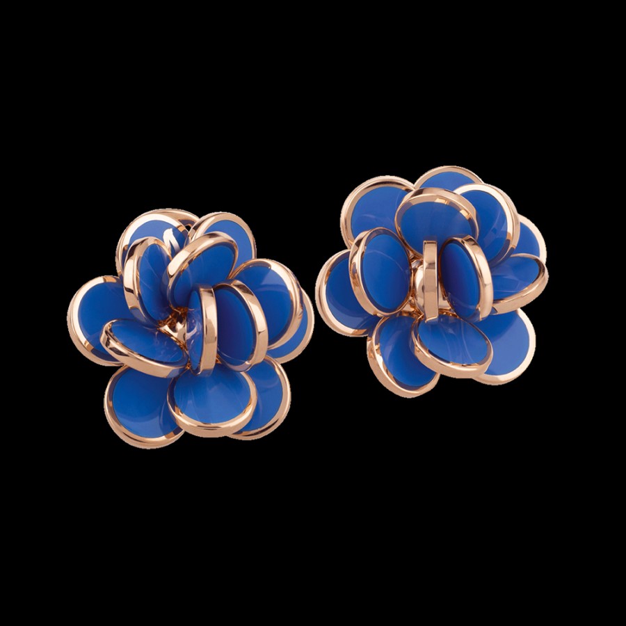 Gioielleria Chantecler | Orecchini Fiore Paillettes Piccoli In Oro Rosa 18Kt E Smalto Blu Capri Cod.38896