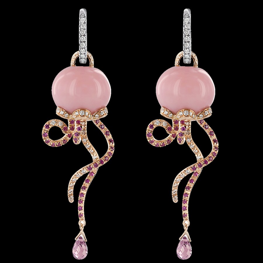 Gioielleria Chantecler | Orecchini Campanella Medusa In Oro Rosa E Bianco 18Kt, Diamanti, Zaffiri Rosa E Opale Rosa Cod.31261