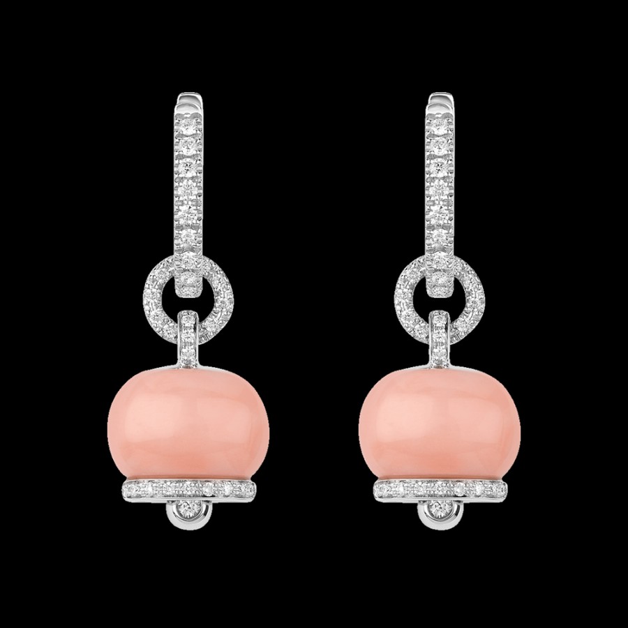 Gioielleria Chantecler | Orecchini Campanella Piccoli In Oro Bianco 18Kt, Diamanti E Corallo Rosa Cod.30958