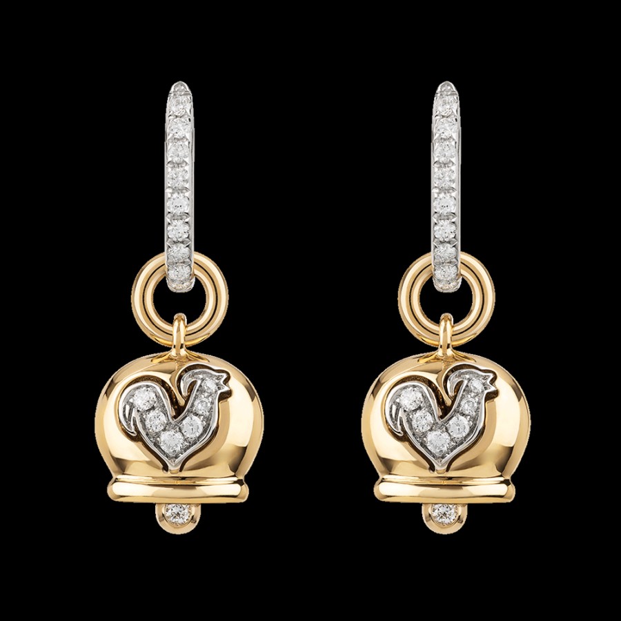 Gioielleria Chantecler | Orecchini Campanella Piccoli In Oro Giallo 18Kt, Diamanti E Gallo In Pave Di Diamanti Cod.32558