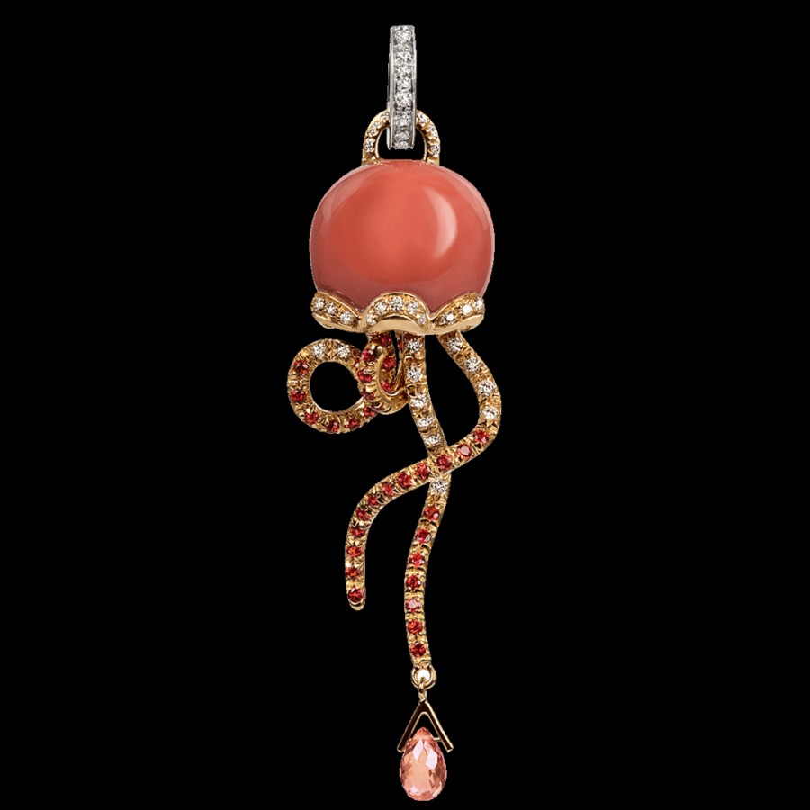 Gioielleria Chantecler | Ciondolo Campanella Medusa In Oro Giallo E Bianco 18Kt, Diamanti, Zaffiri Arancio E Corallo Arancio Cod.31266