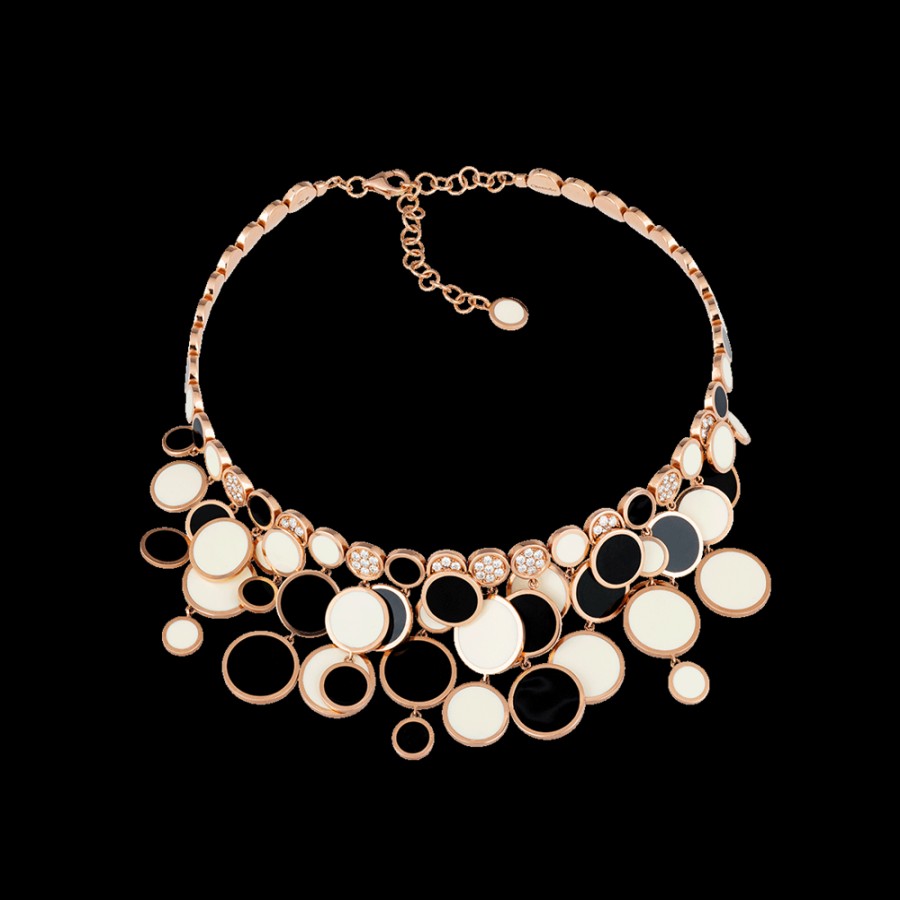 Gioielleria Chantecler | Collana A Cascata Paillettes In Oro Rosa 18Kt, Diamanti E Smalto Nero E Bianco Cod.38683