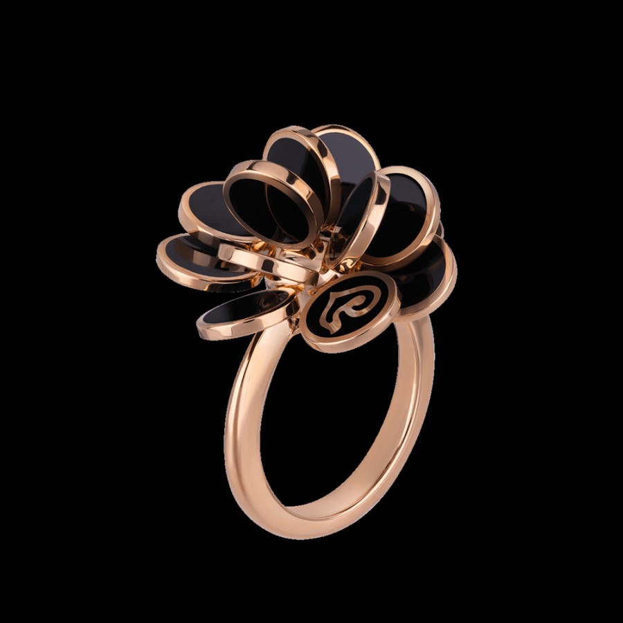 Gioielleria Chantecler | Anello Fiore Paillettes Piccolo In Oro Rosa 18Kt E Smalto Nero Cod.35634