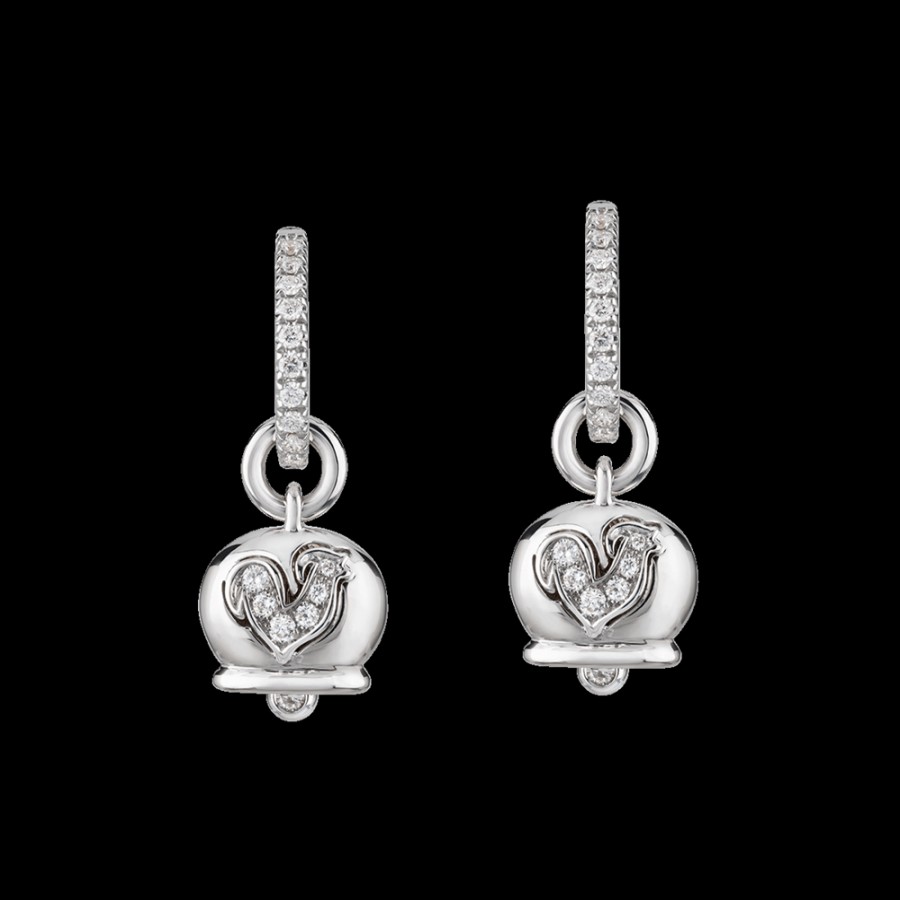 Gioielleria Chantecler | Orecchini Campanella Piccoli In Oro Bianco 18Kt, Diamanti E Gallo In Pave Di Diamanti Cod.32559