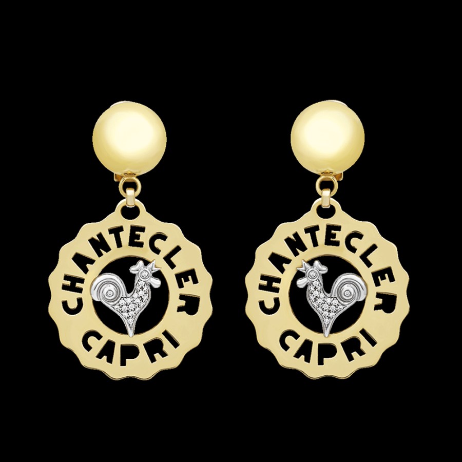 Gioielleria Chantecler | Orecchini Logo Gallo Piccoli In Oro Giallo E Bianco 18Kt E Diamanti Cod.23188