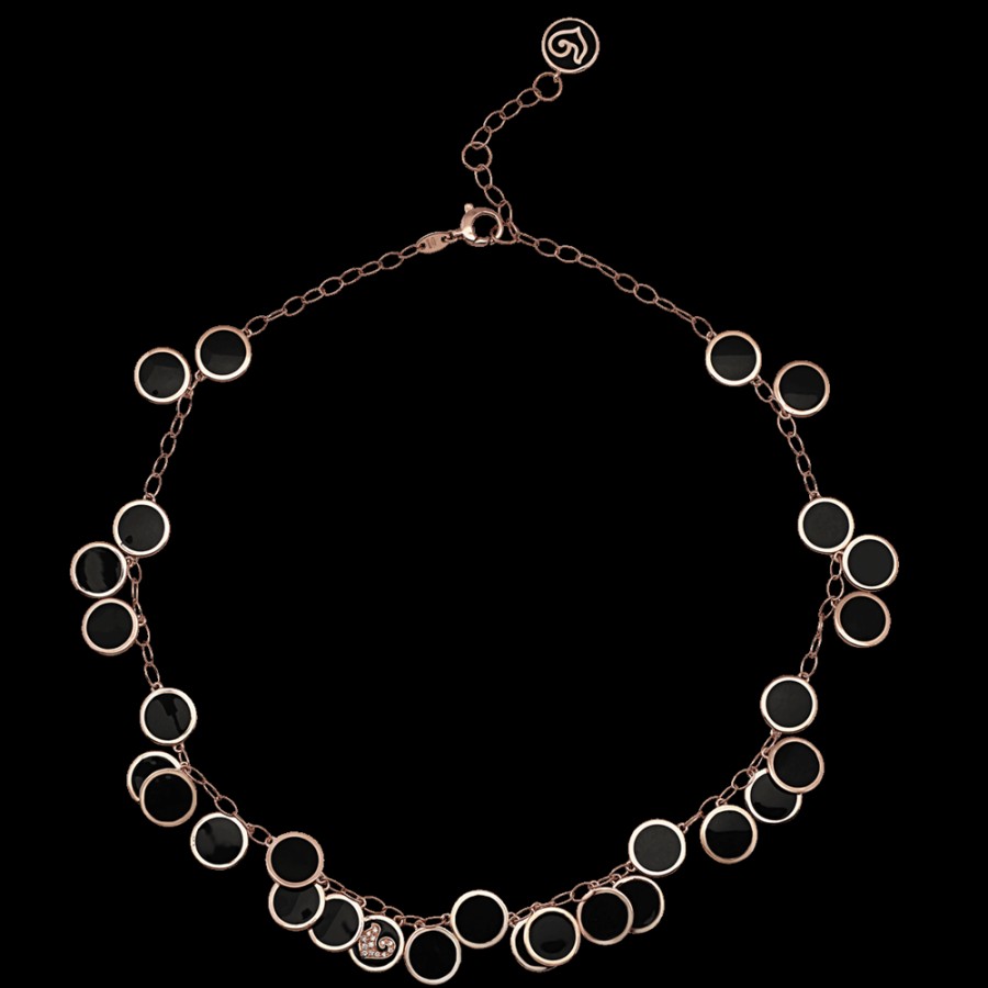 Gioielleria Chantecler | Collana Girocollo Paillettes 38-42 Cm In Oro Rosa 18Kt, Diamanti E Smalto Nero Cod.42612