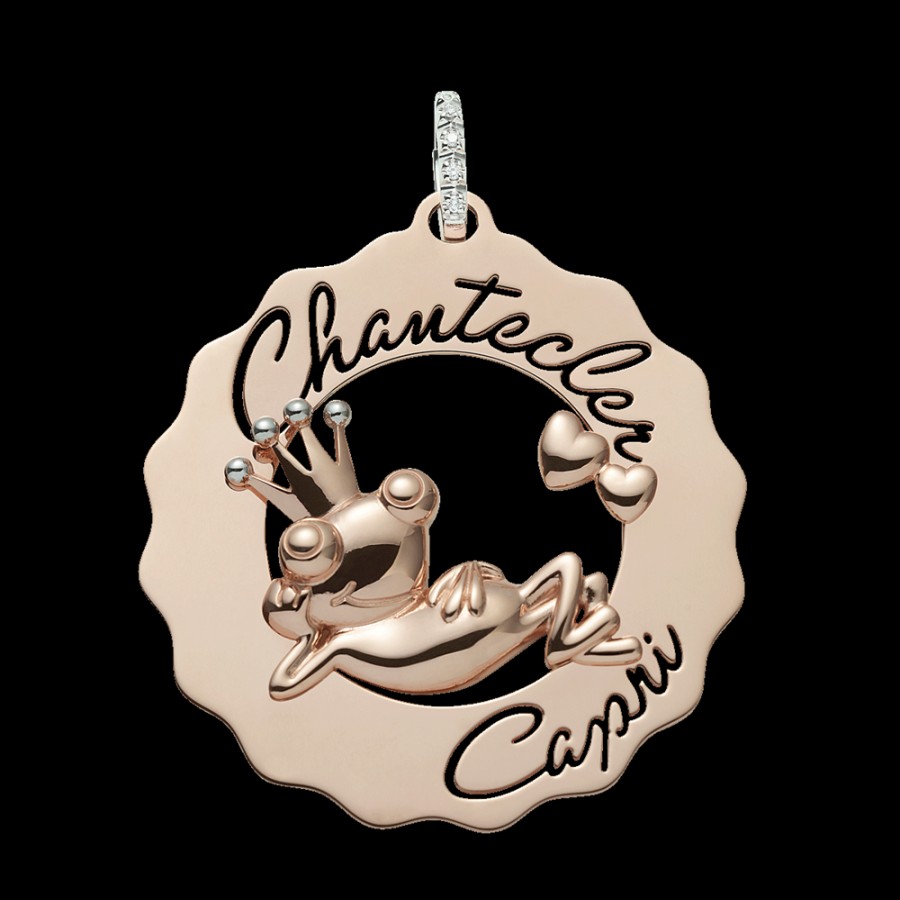 Gioielleria Chantecler | Ciondolo Logo Principe Ranocchio Innamorato Grande In Oro Rosa 9Kt E Diamanti Cod.38052