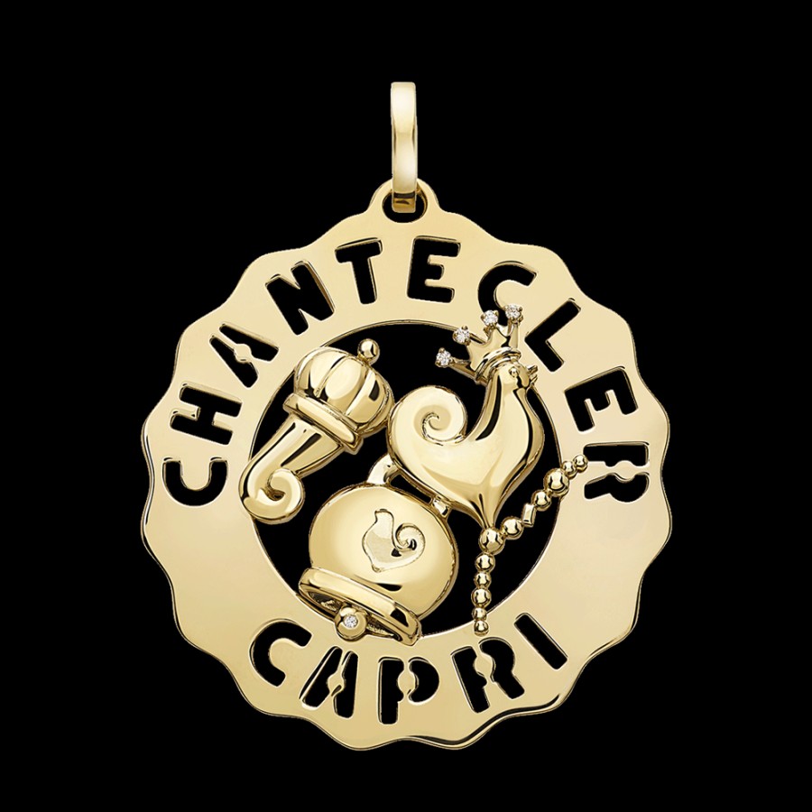 Gioielleria Chantecler | Ciondolo Logo Gallo, Campanella, Cornetto Grande In Oro Giallo 18Kt E Diamanti Cod.39935