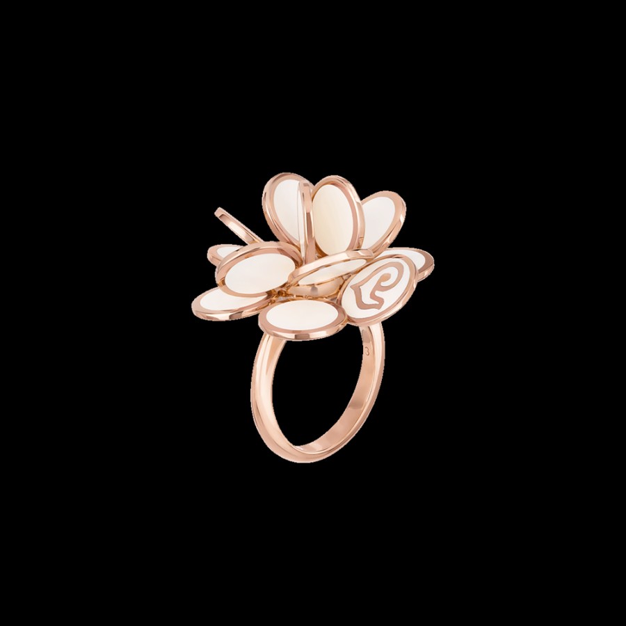 Gioielleria Chantecler | Anello Fiore Paillettes Grande In Oro Rosa 18Kt E Smalto Bianco Cod.33607