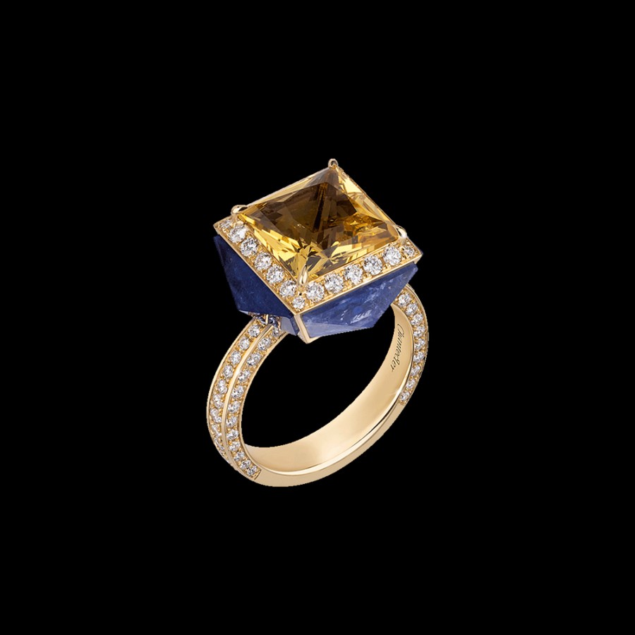 Gioielleria Chantecler | Anello Piazzetta In Oro Giallo 18Kt Con Centro In Berillo Giallo, Cuspidi In Diamanti E Tanzanite Cod.41190