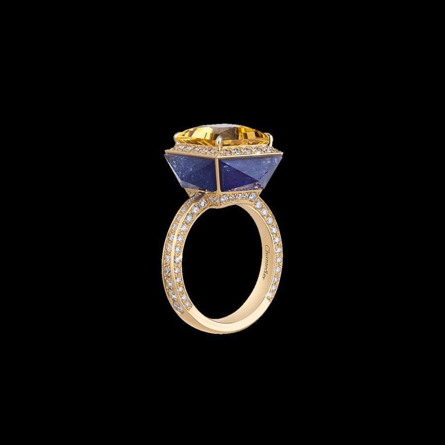 Gioielleria Chantecler | Anello Piazzetta In Oro Giallo 18Kt Con Centro In Berillo Giallo, Cuspidi In Diamanti E Tanzanite Cod.41190