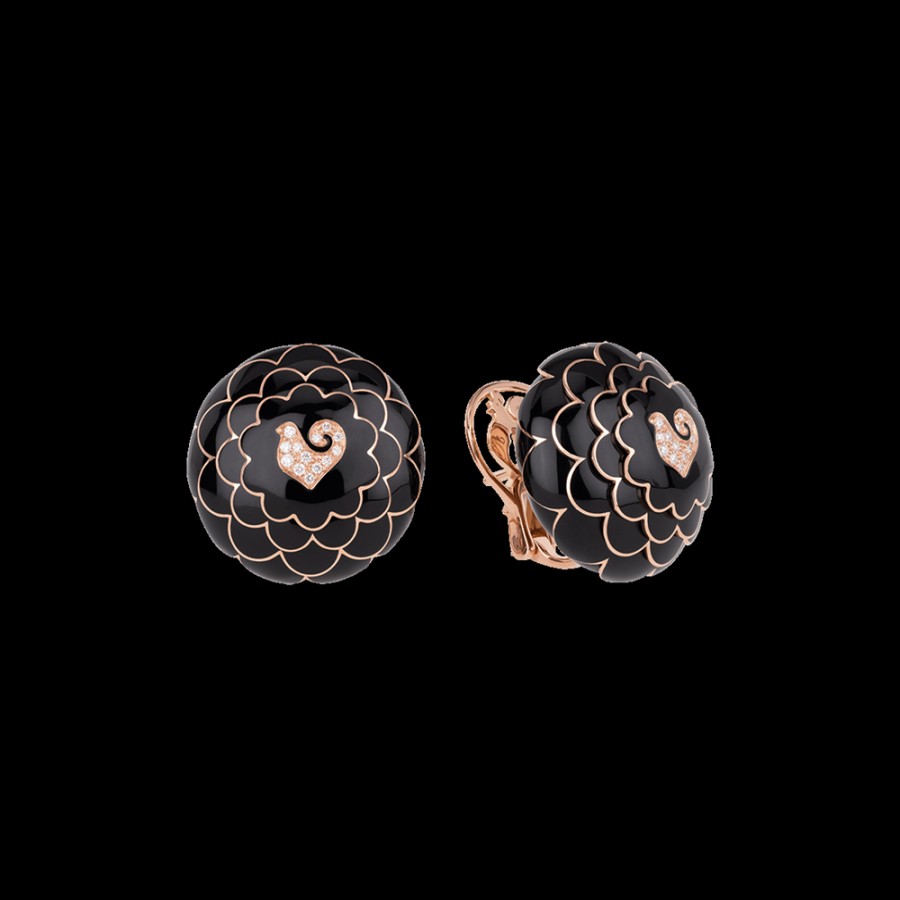 Gioielleria Chantecler | Orecchini Bottone Paillettes In Oro Rosa 18Kt, Diamanti E Smalto Nero Cod.41125