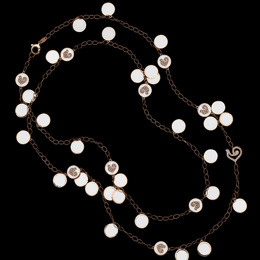 Gioielleria Chantecler | Collana Lunga Paillettes 90 Cm In Oro Rosa 18Kt, Diamanti E Smalto Bianco Cod.42691