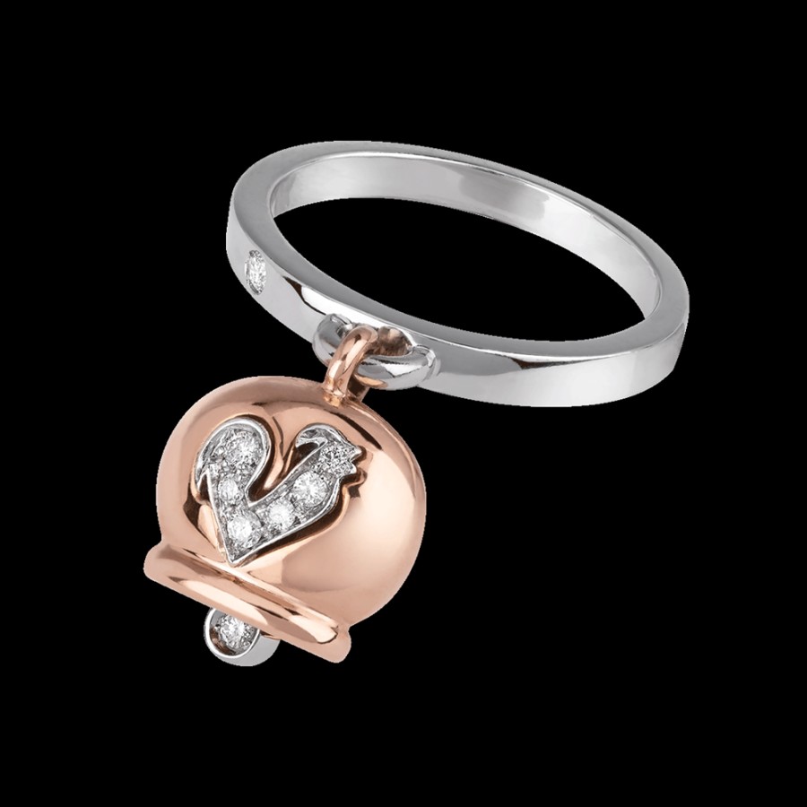 Gioielleria Chantecler | Anello Campanella Piccolo In Oro Rosa 18Kt, Diamanti E Gallo In Pave Di Diamanti Cod.23897