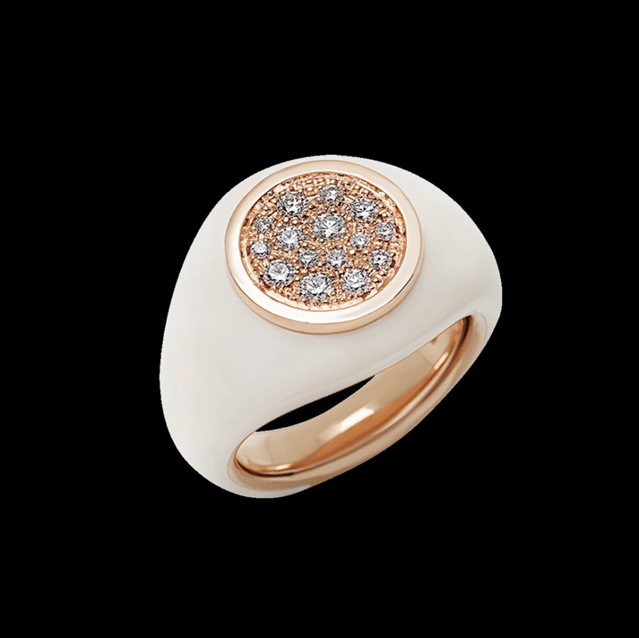 Gioielleria Chantecler | Anello Paillettes Sygillum In Oro Rosa 18Kt, Pave Di Diamanti E Smalto Bianco Cod.42705