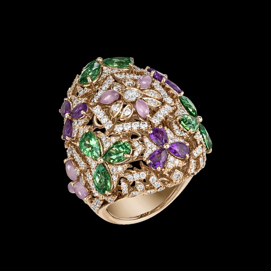 Gioielleria Chantecler | Anello Caleidoscopio In Oro Biallo 18Kt, Diamanti, Ametista, Tzavoriti E Giada Lavanda Cod.41620