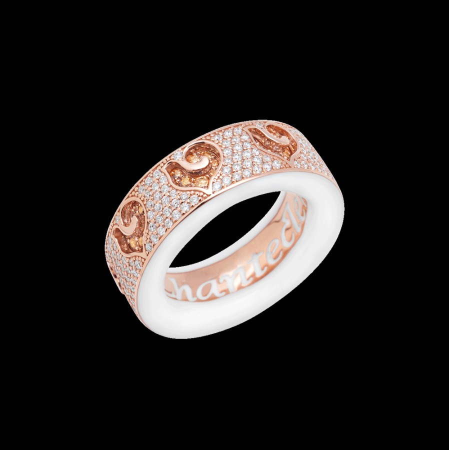 Gioielleria Chantecler | Anello Fede Carousel In Oro Rosa 18Kt E Pave Di Diamanti, Galli In Diamanti Champagne E Smalto Bianco Cod.41110