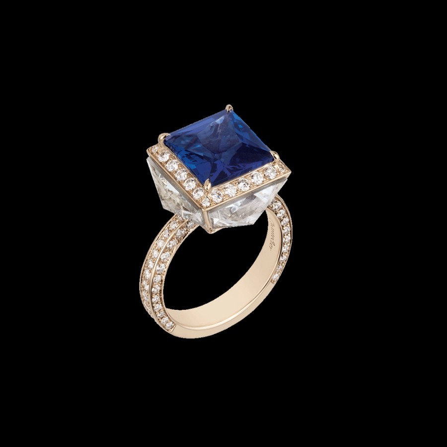 Gioielleria Chantecler | Anello Piazzetta In Oro Biallo 18Kt Con Centro In Tanzanite E Cuspidi In Diamanti E Berillo Trasparente Cod.41191