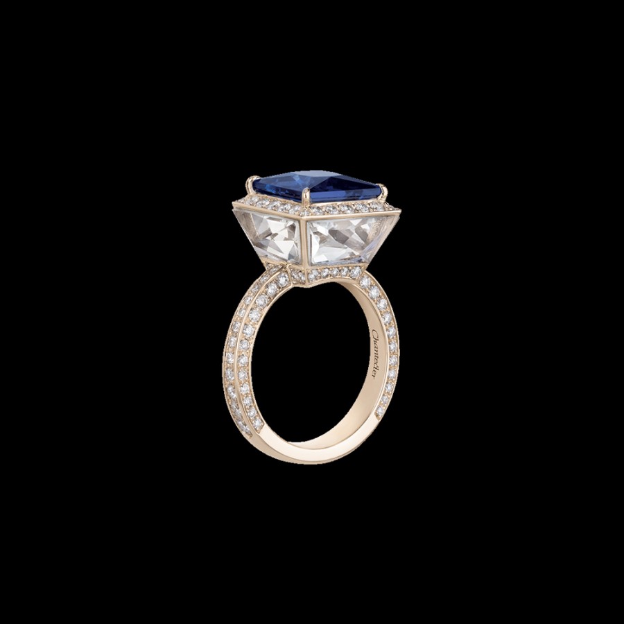 Gioielleria Chantecler | Anello Piazzetta In Oro Biallo 18Kt Con Centro In Tanzanite E Cuspidi In Diamanti E Berillo Trasparente Cod.41191