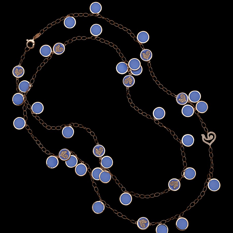 Gioielleria Chantecler | Collana Lunga Paillettes 90Cm In Oro Rosa 18Kt, Diamanti E Smalto Blu Capri Cod.42693