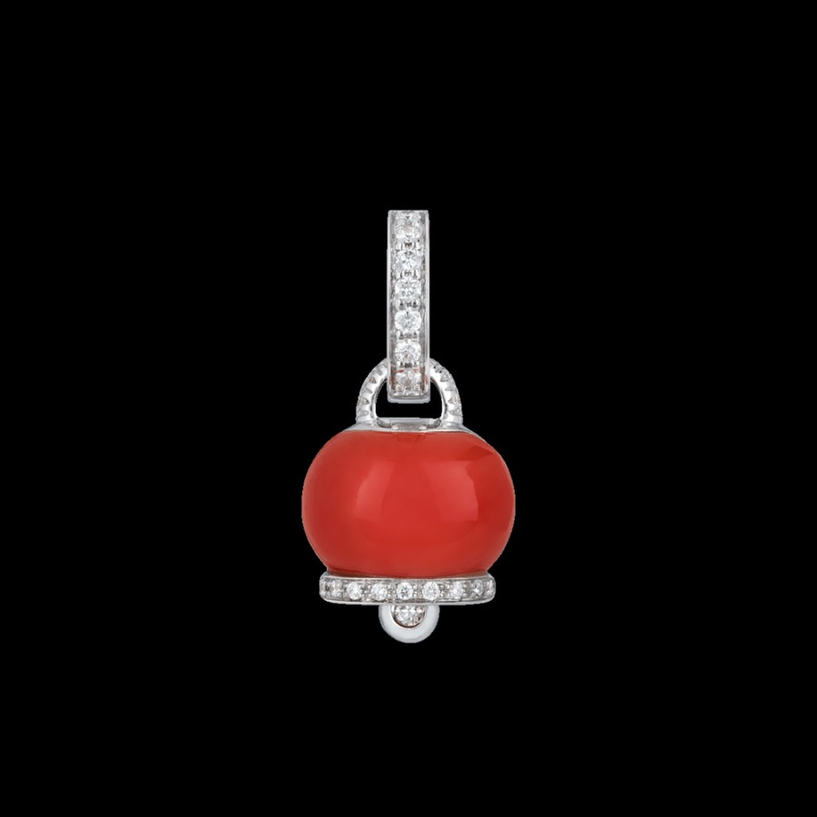 Gioielleria Chantecler | Ciondolo Campanella Piccolo In Oro Bianco 18Kt, Diamanti E Corallo Rosso Cod.30953