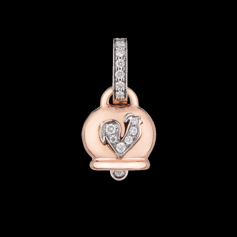 Gioielleria Chantecler | Ciondolo Campanella Piccolo In Oro Rosa 18Kt, Diamanti E Gallo In Pave Di Diamanti Cod.22170