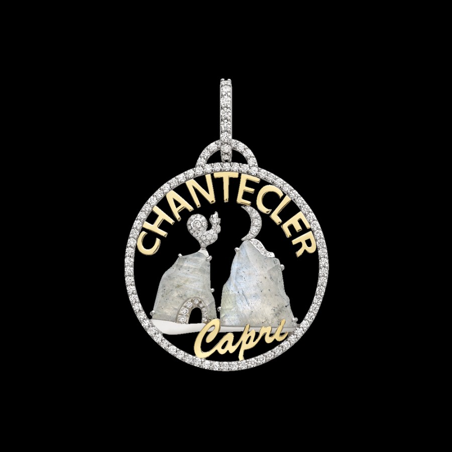 Gioielleria Chantecler | Ciondolo Logo Moonlight Piccolo In Oro Bianco E Giallo 18Kt, Diamanti E Labradorite Cod.40537