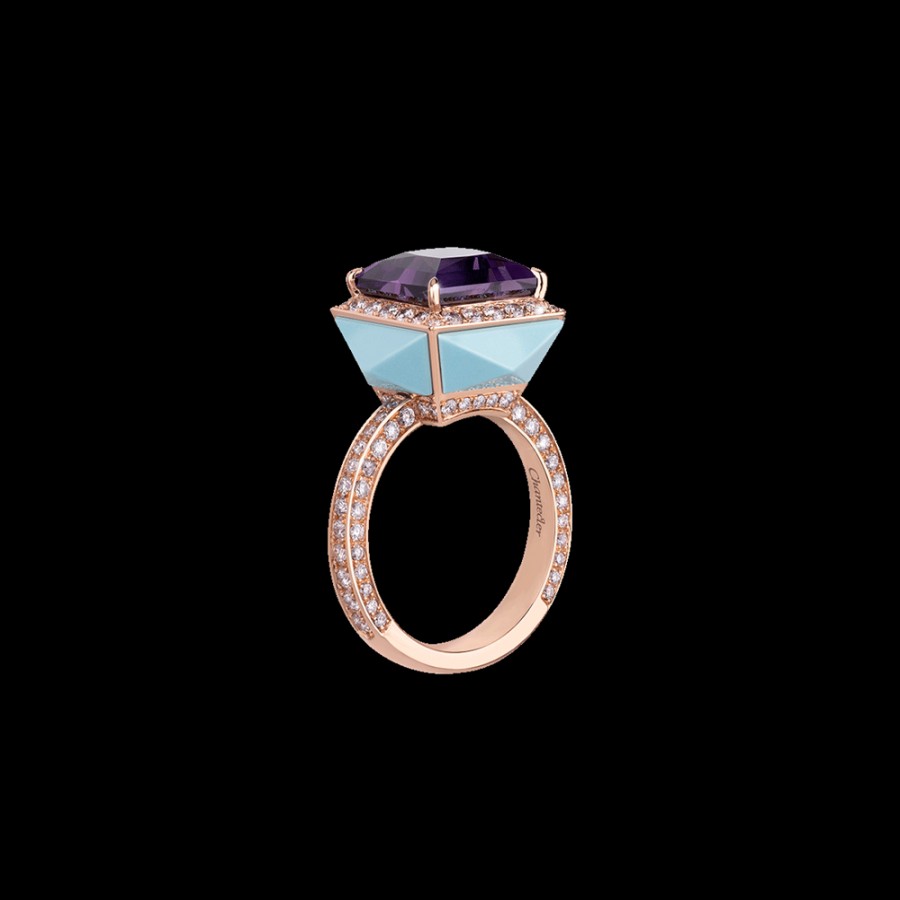 Gioielleria Chantecler | Anello Piazzetta In Oro Rosa 18Kt Con Centro In Ametista E Cuspidi In Diamanti E Turchese Cod.41206