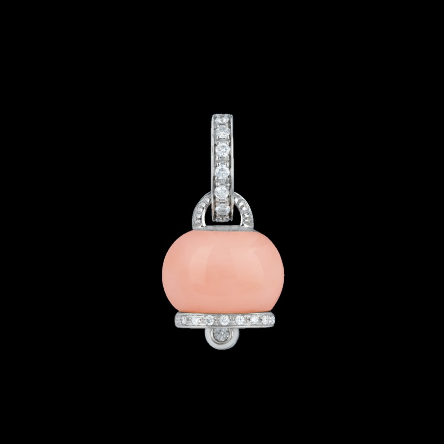 Gioielleria Chantecler | Ciondolo Campanella Piccolo In Oro Bianco 18Kt, Diamanti E Corallo Rosa Cod.30952