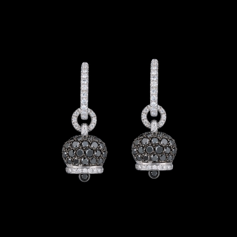 Gioielleria Chantecler | Orecchini Campanella Piccoli In Oro Bianco 18Kt, Diamanti E Pave Di Diamanti Neri Cod.32557