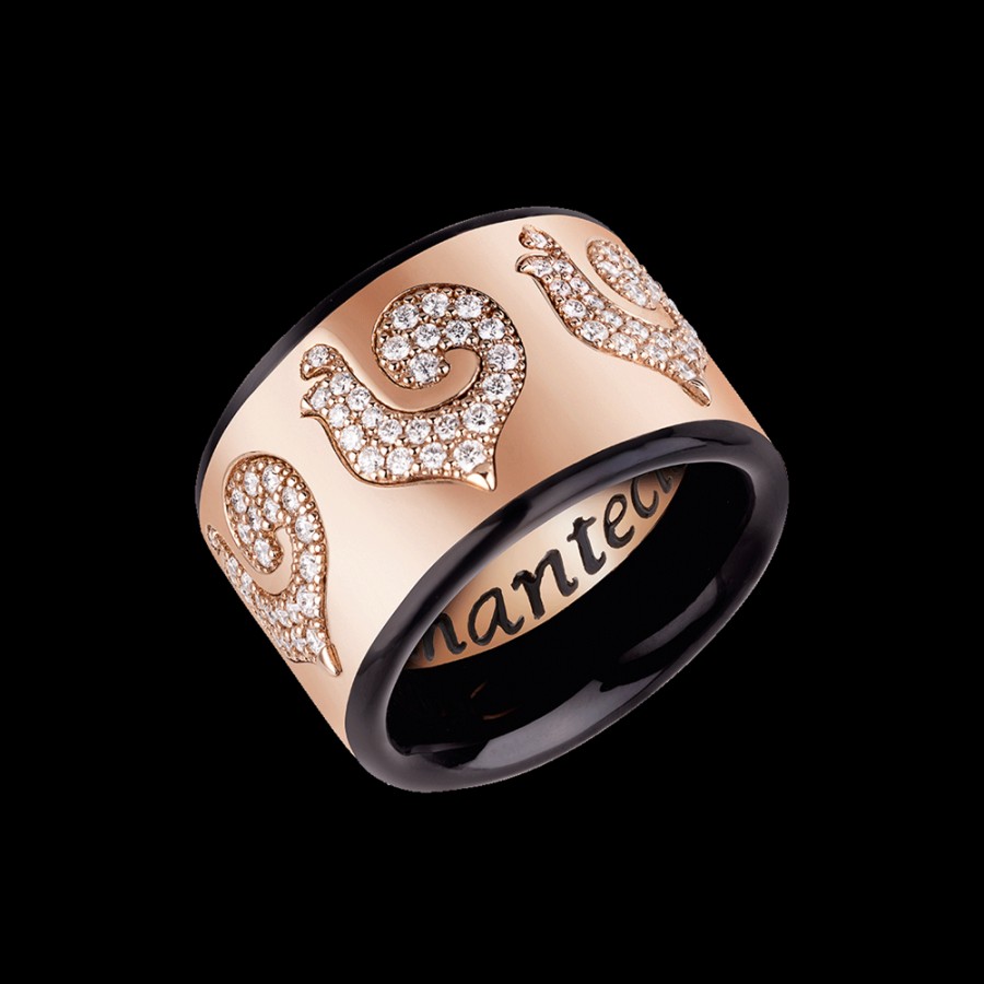 Gioielleria Chantecler | Anello Fascia Carousel In Oro Rosa 18Kt, Galli In Pave Di Diamanti E Smalto Nero Cod.41030