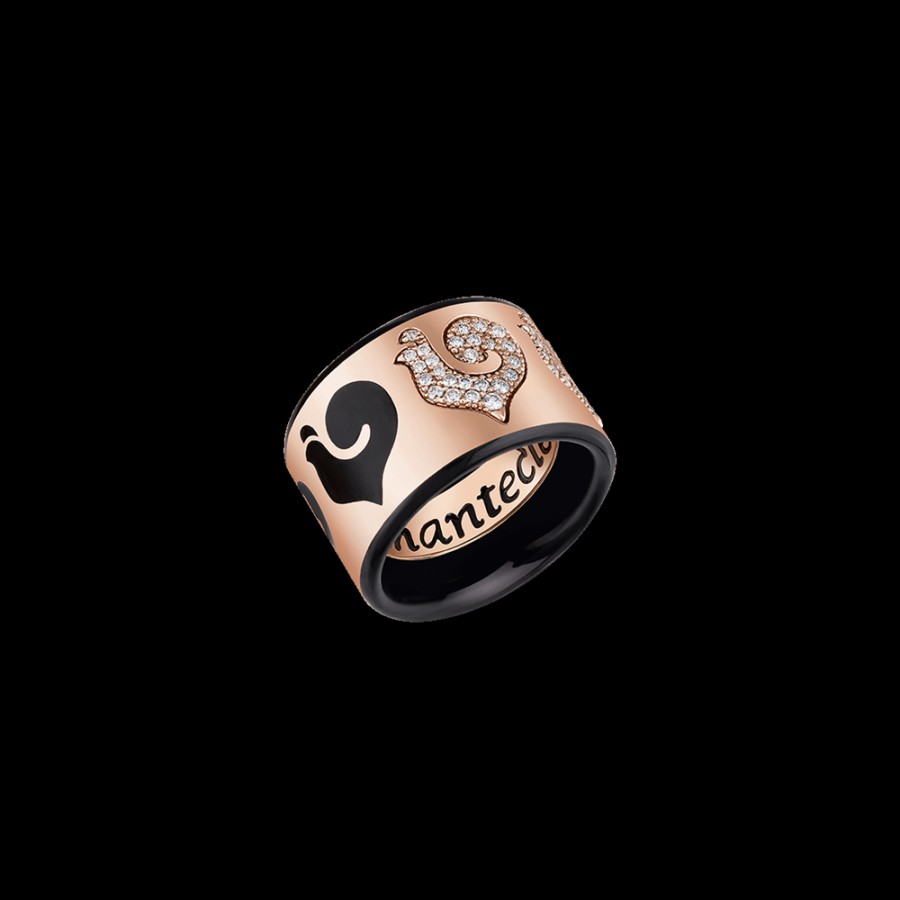 Gioielleria Chantecler | Anello Fascia Carousel In Oro Rosa 18Kt, Galli In Pave Di Diamanti E Smalto Nero Cod.41030