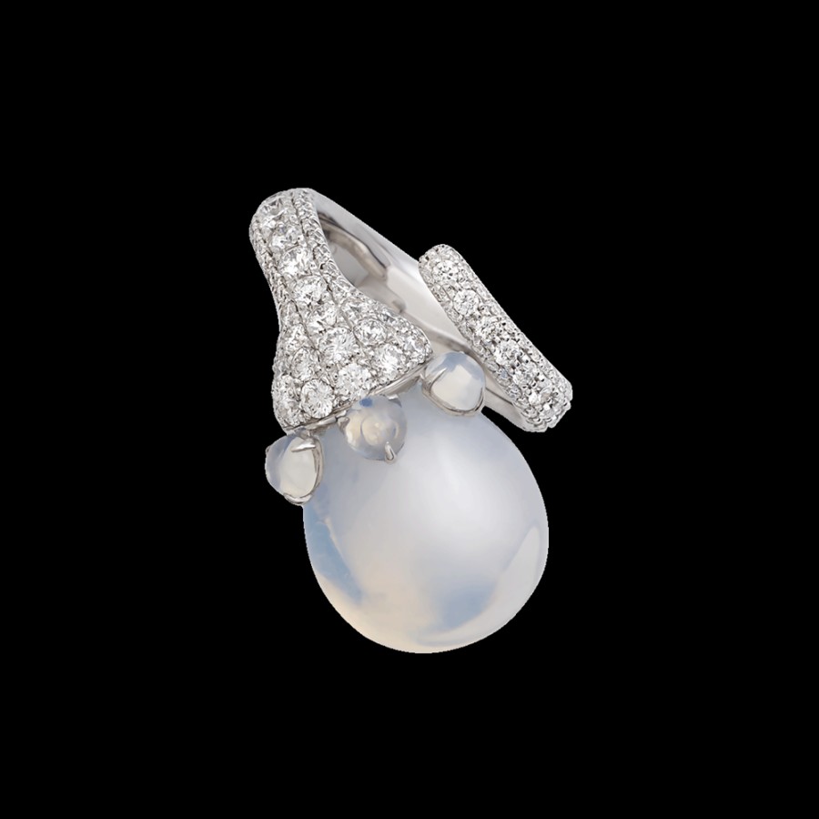 Gioielleria Chantecler | Anello Joyful In Oro Bianco 18Kt, Diamanti E Poire In Cristallo Color Milky. Cod.41872