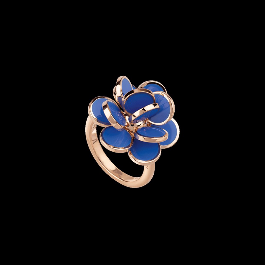 Gioielleria Chantecler | Anello Fiore Paillettes Piccolo In Oro Rosa 18Kt E Smalto Blu Capri Cod.38893