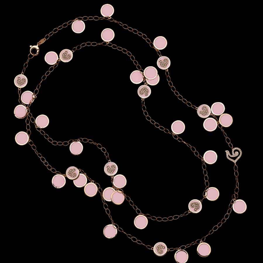 Gioielleria Chantecler | Collana Lunga Paillettes 90Cm In Oro Rosa 18Kt, Diamanti E Smalto Rosa Cod.42692