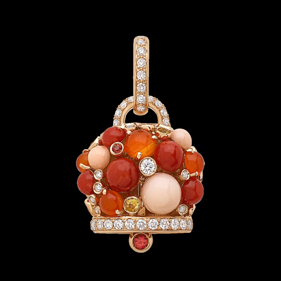 Gioielleria Chantecler | Ciondolo Campanella Capri 1947 Grande In Oro Rosa 18Kt, Diamanti, Zaffiri Arancio, Corallo Rosa E Rosso E Agata Arancio Cod.39910