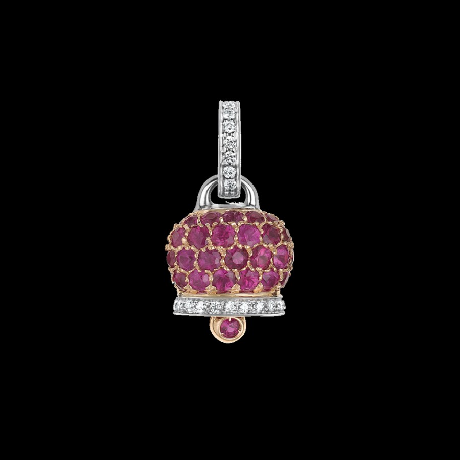 Gioielleria Chantecler | Ciondolo Campanella Medio In Oro Rosa E Bianco 18Kt, Diamanti E Pave Di Rubini Cod.26884