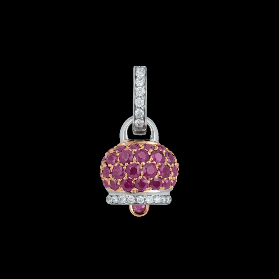 Gioielleria Chantecler | Ciondolo Campanella Piccolo In Oro Rosa E Bianco 18Kt, Diamanti E Pave Di Rubini Cod.26881