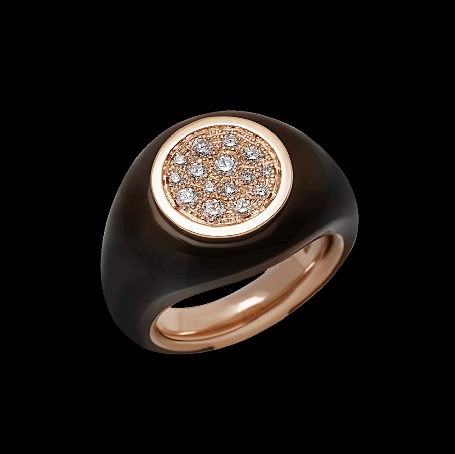 Gioielleria Chantecler | Anello Paillettes Sygillum In Oro Rosa 18Kt, Pave Di Diamanti E Smalto Nero Cod.42704