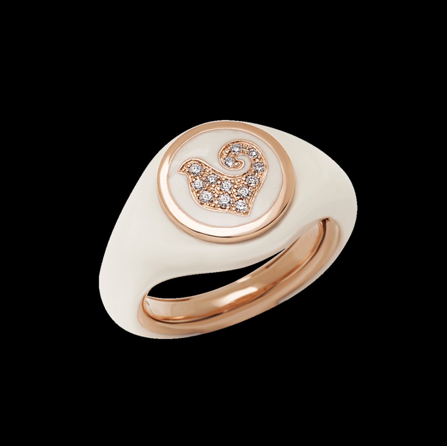 Gioielleria Chantecler | Anello Paillettes Sygillum In Oro Rosa 18Kt, Galletto In Pave Di Diamanti E Smalto Bianco Cod.42701