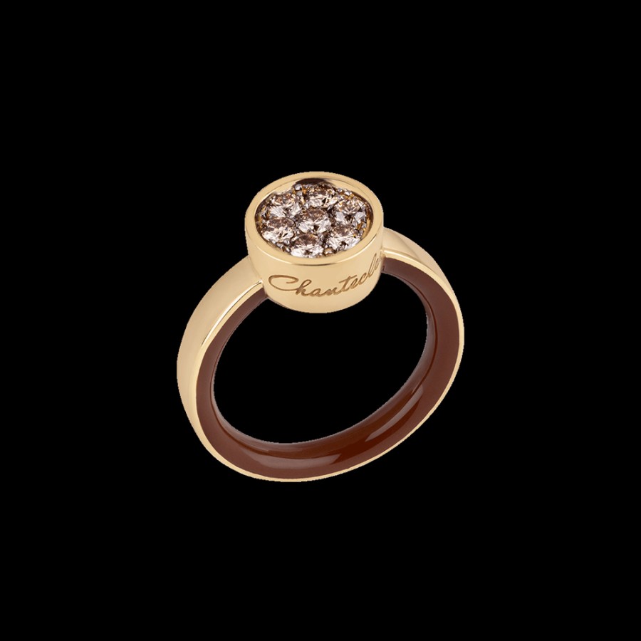 Gioielleria Chantecler | Anello Capritude Paillettes In Oro Giallo 18Kt, Pave Di Diamanti Champagne E Smalto Caramello Cod.41270