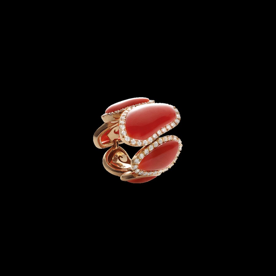 Gioielleria Chantecler | Anello Fascia Enchante In Oro Rosa 18Kt, Diamanti E Corallo Rosso Cod.36253