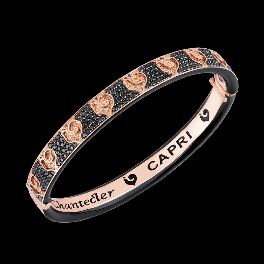 Gioielleria Chantecler | Bracciale Rigido Carousel In Oro Rosa 18Kt E Pave Di Diamanti Neri, Galli In Diamanti Champagne E Smalto Nero. Cod.41113