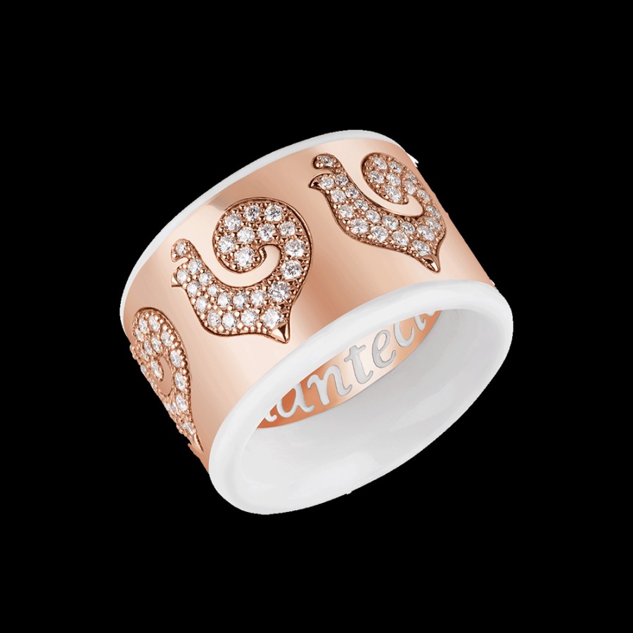 Gioielleria Chantecler | Anello Fascia Carousel In Oro Rosa 18Kt, Galli In Pave Di Diamanti E Smalto Bianco Cod.41029